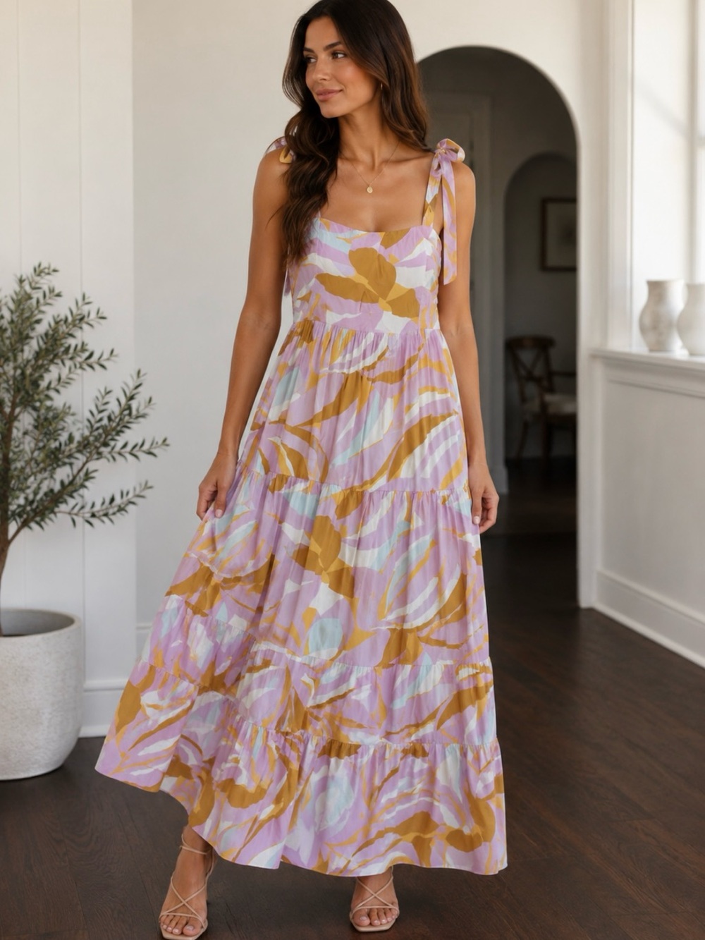 See You Monday Pink and Mustard Abstract Maxi Dress